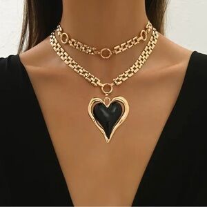 Black  Heart Pendant Necklace with Gold
